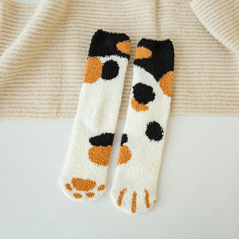 Chaussettes en velours à griffes de chat mignonnes pour femmes et enfants, tube moyen pour filles, chaussettes de sommeil épaiss