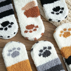 Chaussettes en velours à griffes de chat mignonnes pour femmes et enfants, tube moyen pour filles, chaussettes de sommeil épaiss