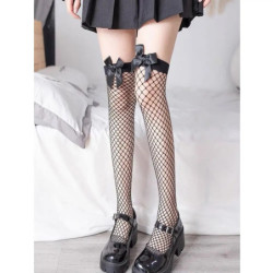 Chaussettes longues sur le genou avec nœud papillon pour femmes, bas résille, legging en maille de dentelle, noir, blanc, sexy, 