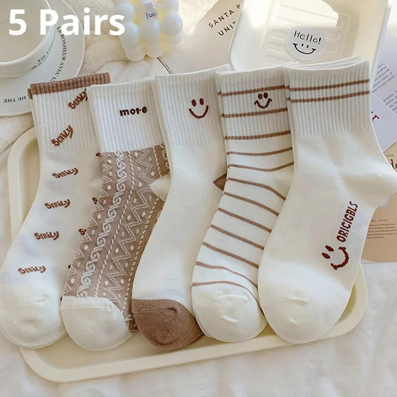 Chaussettes Imprimées Mignonnes Souriantes pour Femme, Bas de dehors Confortables et Doux à Col Rond, 5/10/20 Paires