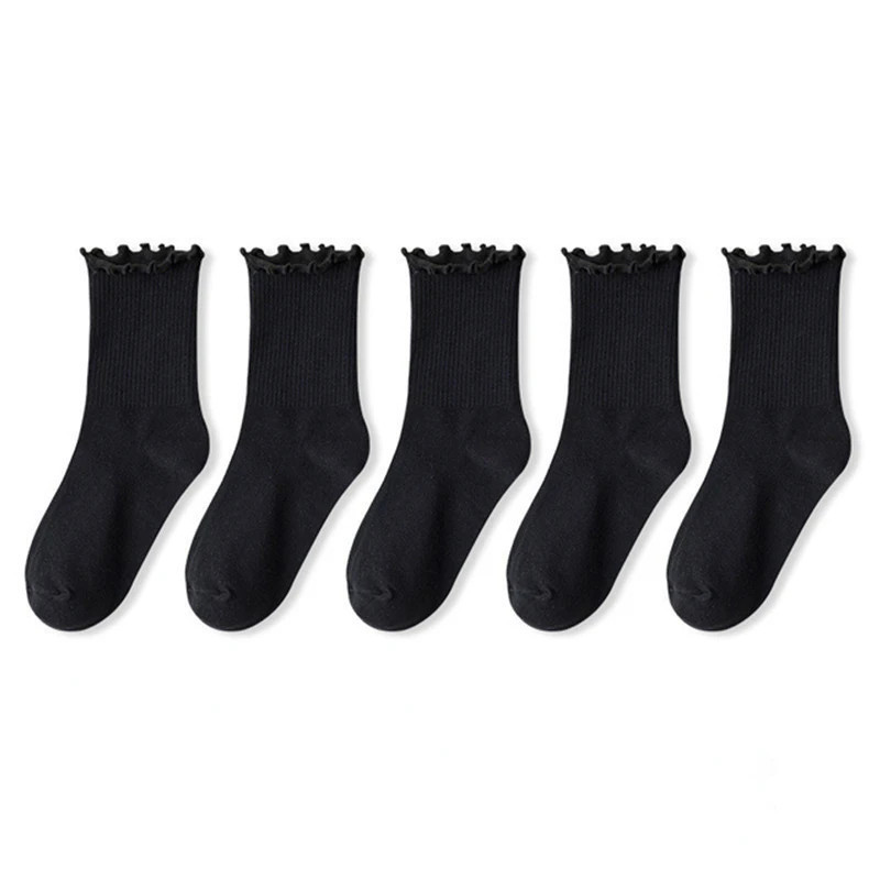 Lot de 5 paires chaussettes femmes en lot chaussettes blanches de chaussettes à volants en coton pour femme, tube moyen, court, 