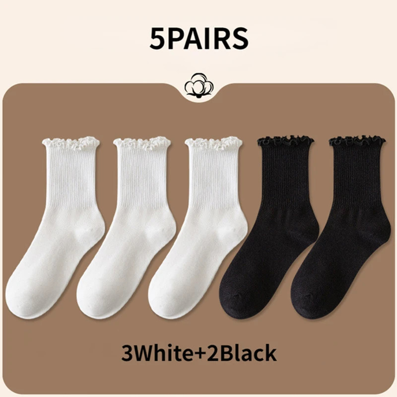 Lot de 5 paires chaussettes femmes en lot chaussettes blanches de chaussettes à volants en coton pour femme, tube moyen, court, 