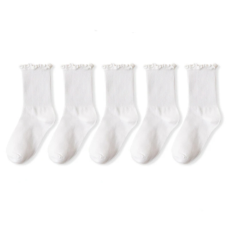 Lot de 5 paires chaussettes femmes en lot chaussettes blanches de chaussettes à volants en coton pour femme, tube moyen, court, 