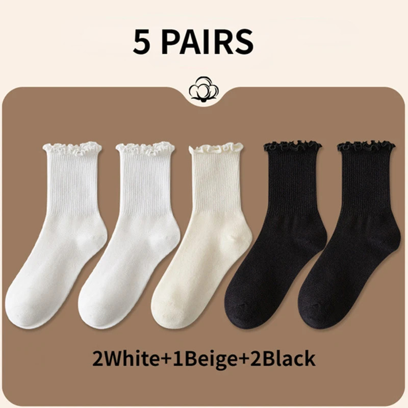 Lot de 5 paires chaussettes femmes en lot chaussettes blanches de chaussettes à volants en coton pour femme, tube moyen, court, 