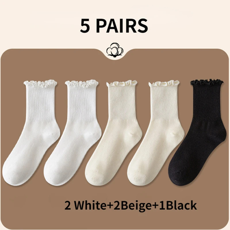 Lot de 5 paires chaussettes femmes en lot chaussettes blanches de chaussettes à volants en coton pour femme, tube moyen, court, 