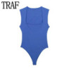 TRAF-Costume de batterie serré pour femme, corps noir, col carré, bleu, blanc, sexy, lingerie, été, 2024