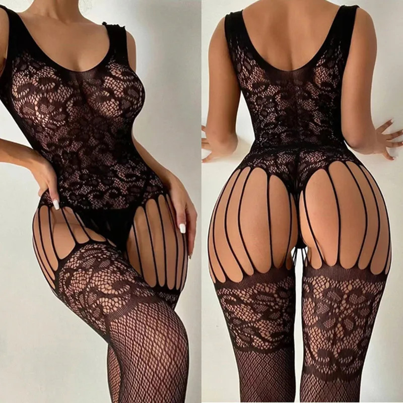 Lingerie sexy en maille pour femmes, entrejambe ouvert, costume de batterie, sous-vêtements sans entrejambe, vêtements de nuit, 