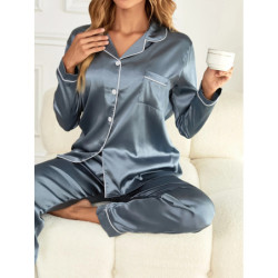 Pyjama monochrome à manches longues pour femmes, ensemble haut et pantalon à revers boutonnés, vêtements de nuit, vêtements de d