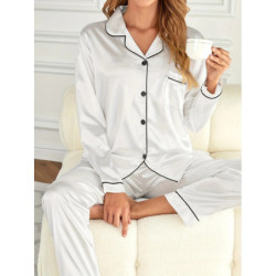 Pyjama monochrome à manches longues pour femmes, ensemble haut et pantalon à revers boutonnés, vêtements de nuit, vêtements de d