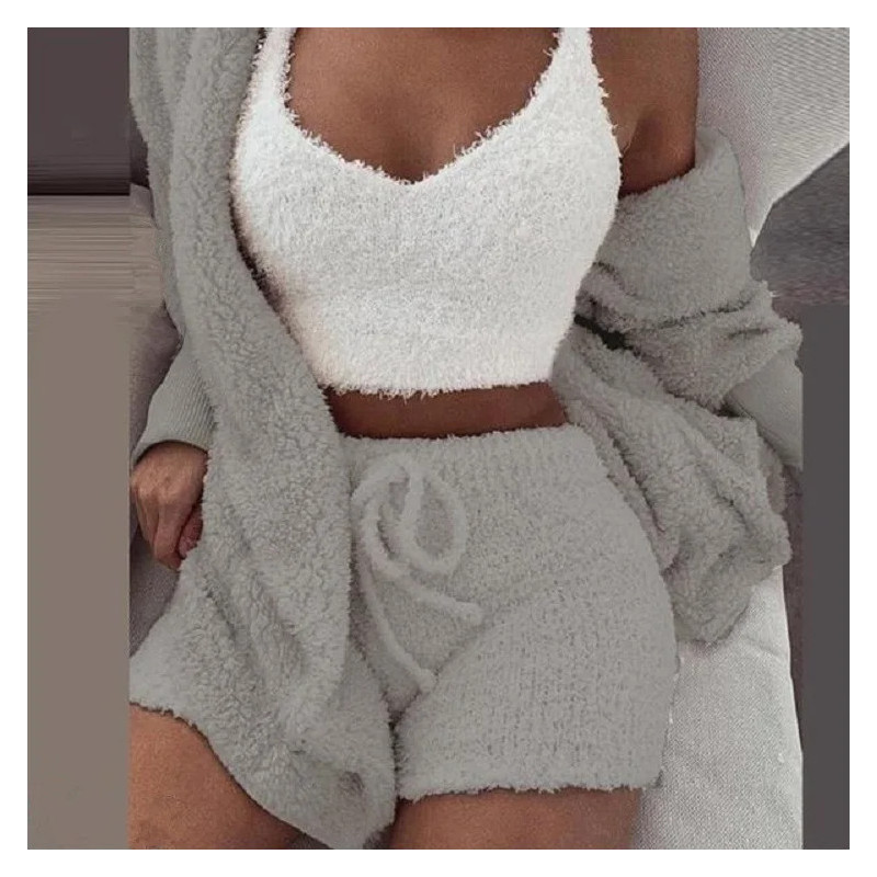 Ensemble de pyjamas moelleux pour femmes, vêtements de nuit décontractés, précieux haut et short, sweat à capuche grande taille,