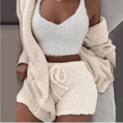 Ensemble de pyjamas moelleux pour femmes, vêtements de nuit décontractés, précieux haut et short, sweat à capuche grande taille,