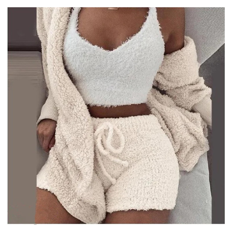 Ensemble de pyjamas moelleux pour femmes, vêtements de nuit décontractés, précieux haut et short, sweat à capuche grande taille,