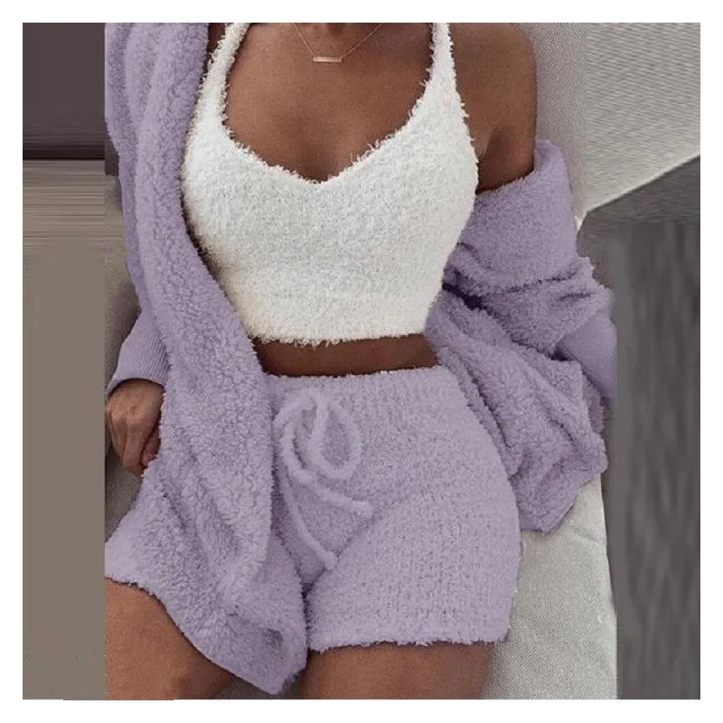 Ensemble de pyjamas moelleux pour femmes, vêtements de nuit décontractés, précieux haut et short, sweat à capuche grande taille,