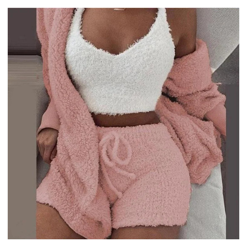 Ensemble de pyjamas moelleux pour femmes, vêtements de nuit décontractés, précieux haut et short, sweat à capuche grande taille,