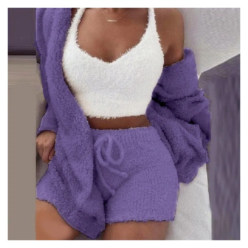 Ensemble de pyjamas moelleux pour femmes, vêtements de nuit décontractés, précieux haut et short, sweat à capuche grande taille,