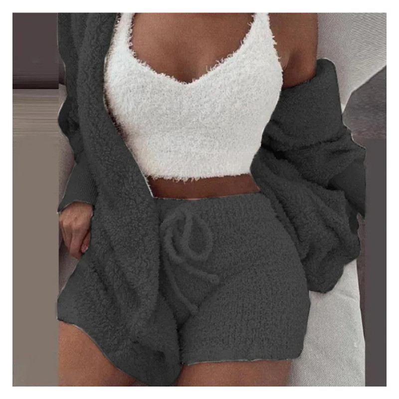 Ensemble de pyjamas moelleux pour femmes, vêtements de nuit décontractés, précieux haut et short, sweat à capuche grande taille,