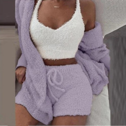 Ensemble de pyjamas moelleux pour femmes, vêtements de nuit décontractés, précieux haut et short, sweat à capuche grande taille,