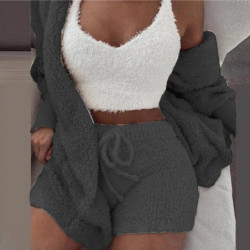 Ensemble de pyjamas moelleux pour femmes, vêtements de nuit décontractés, précieux haut et short, sweat à capuche grande taille,