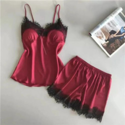 Pyjama dos nu en dentelle sexy pour femme, caraco et short, vêtements de maison, rouge, noir, S, M, ventilé, confort, 2 pièces