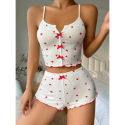 Ensemble de pyjamas à imprimé cœur pour femmes, vêtements de nuit, tissu de lit en deau doux, bordure à volants flirty, haut et 