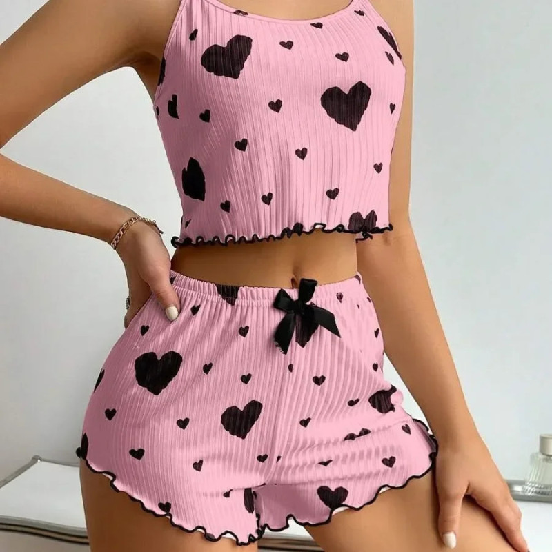 Pyjama à imprimé cœur pour femmes, vêtements de nuit d'été, coupe décontractée, col rond, dos nu, haut court et short, ensemble 