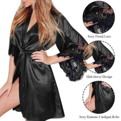 Robe de Nuit en Satin Soyeux pour Femme, avec String G, en Dentelle Florale, Peignoir à Manches sulf, Chemise de Nuit Française 