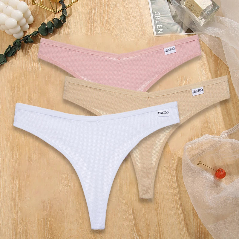 FINETOO-Culotte string en coton gaufré pour femme, sous-vêtement sexy, string féminin, taille en V, lingerie, ensemble de 3 pièc