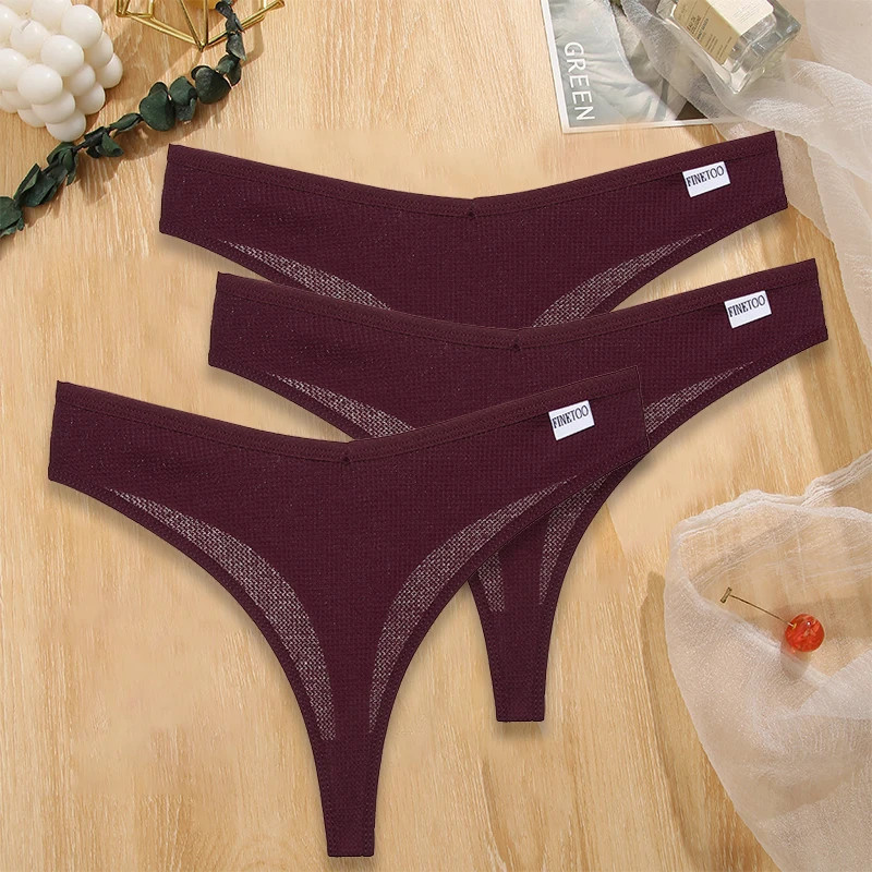 FINETOO-Culotte string en coton gaufré pour femme, sous-vêtement sexy, string féminin, taille en V, lingerie, ensemble de 3 pièc