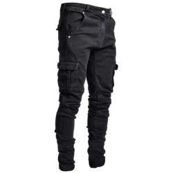 Jeans en denim élastique pour hommes, pantalon cargo multi-poches, coupe slim décontractée, jogging taille moyenne, document mon