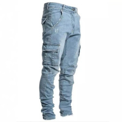 Jeans en denim élastique pour hommes, pantalon cargo multi-poches, coupe slim décontractée, jogging taille moyenne, document mon