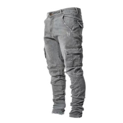 Jeans en denim élastique pour hommes, pantalon cargo multi-poches, coupe slim décontractée, jogging taille moyenne, document mon