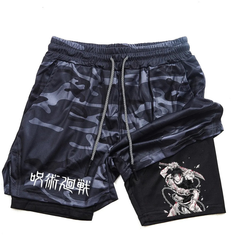 Short de sport 2 en 1 en maille imprimée Toji pour homme, short de performance anime, pantalon court décontracté, entraînement, 