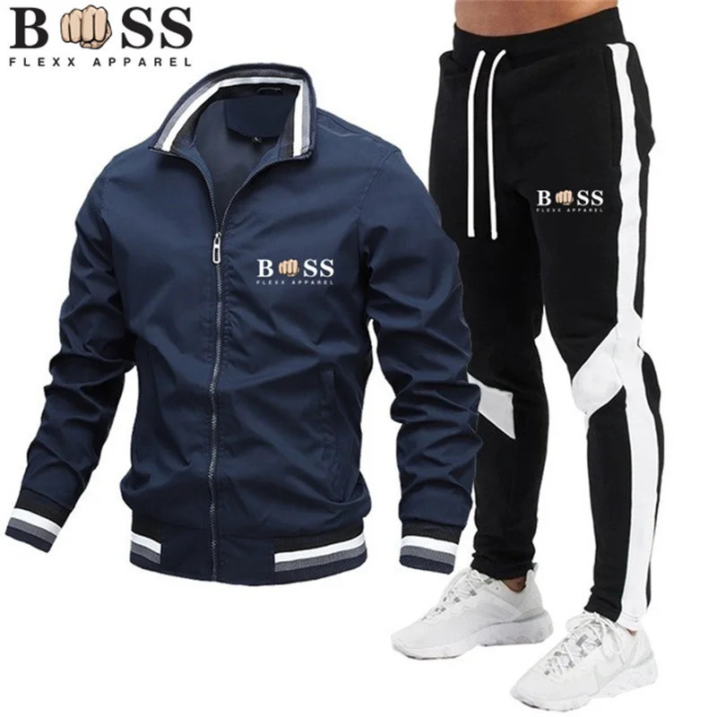 BSS FLEXX APPAREL-Ensemble de survêtement pour homme, sweat-shirt et pantalon de protection, fermeture éclair, col montant, spor