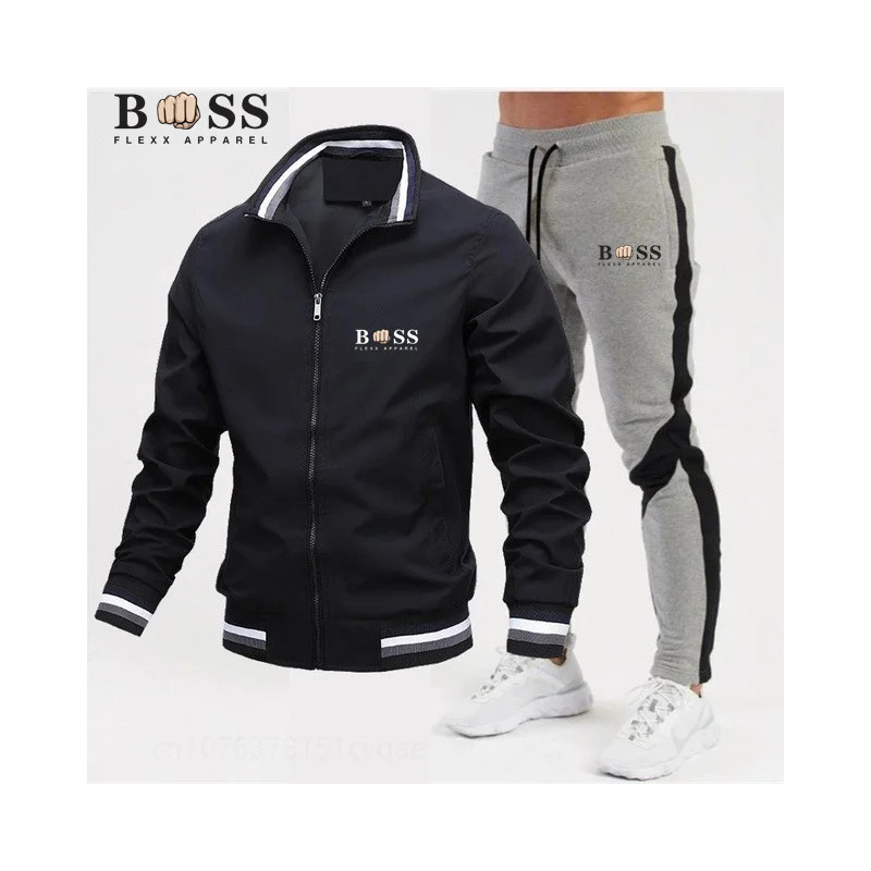 BSS FLEXX APPAREL-Ensemble de survêtement pour homme, sweat-shirt et pantalon de protection, fermeture éclair, col montant, spor