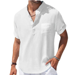 Chemise en Lin à Manches Courtes et Col Montant pour Homme, Vêtement Décontracté, Respirant, avec Poche Basique, pour Été