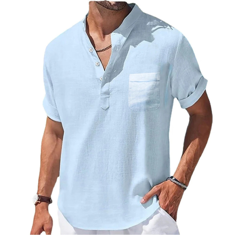 Chemise en Lin à Manches Courtes et Col Montant pour Homme, Vêtement Décontracté, Respirant, avec Poche Basique, pour Été