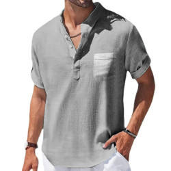 Chemise en Lin à Manches Courtes et Col Montant pour Homme, Vêtement Décontracté, Respirant, avec Poche Basique, pour Été