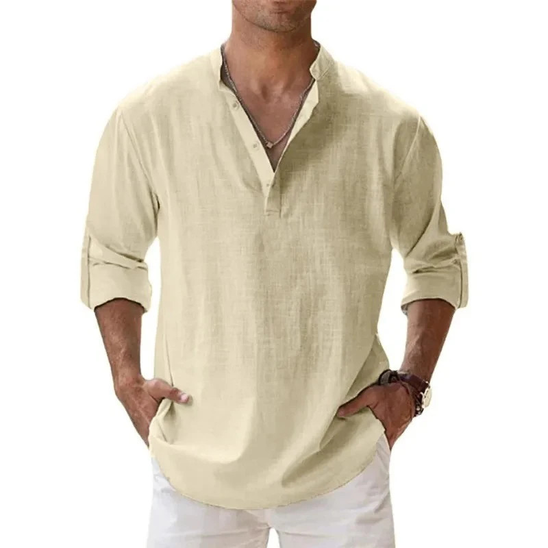 Chemises légères à manches longues pour hommes, Henley, coton, lin, plage hawaïenne, col respirant, streetwear