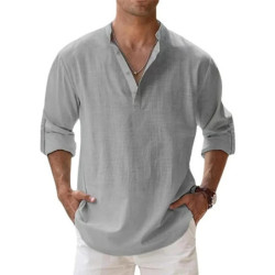 Chemises légères à manches longues pour hommes, Henley, coton, lin, plage hawaïenne, col respirant, streetwear