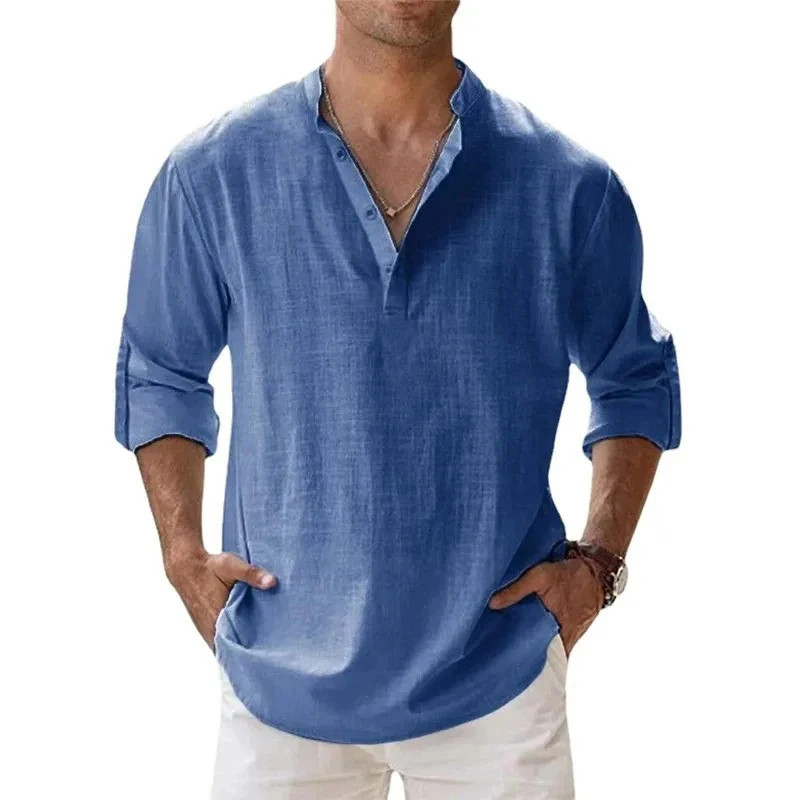 Chemises légères à manches longues pour hommes, Henley, coton, lin, plage hawaïenne, col respirant, streetwear