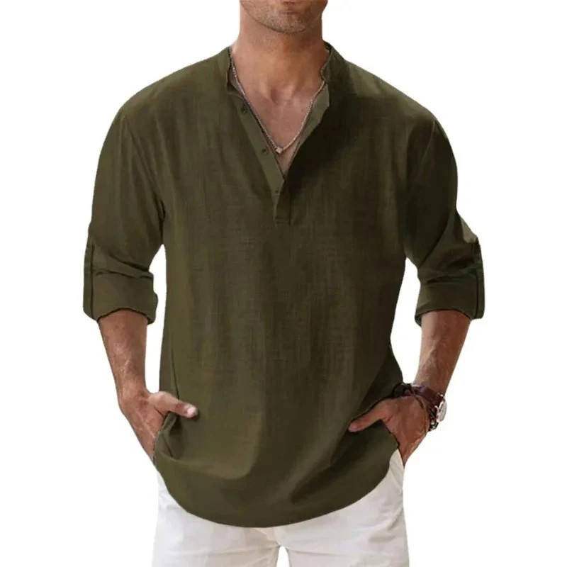 Chemises légères à manches longues pour hommes, Henley, coton, lin, plage hawaïenne, col respirant, streetwear