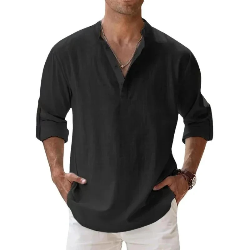 Chemises légères à manches longues pour hommes, Henley, coton, lin, plage hawaïenne, col respirant, streetwear