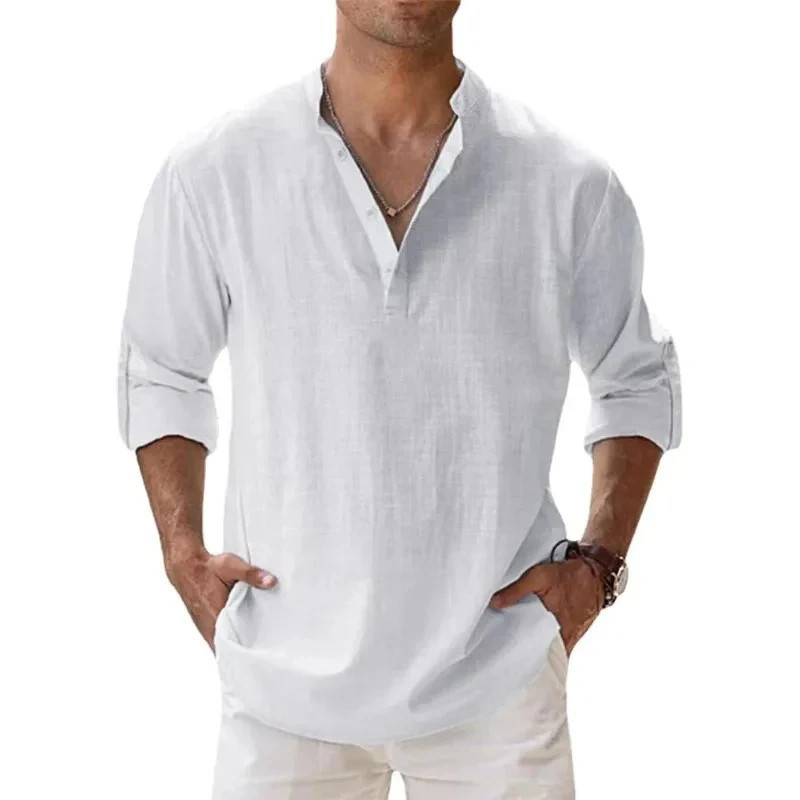 Chemises légères à manches longues pour hommes, Henley, coton, lin, plage hawaïenne, col respirant, streetwear