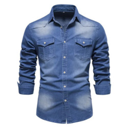 AIOPESON marque chemise en denim de coton élastique pour hommes manche longue Chemises de cow-boy de qualité pour hommes coupe a