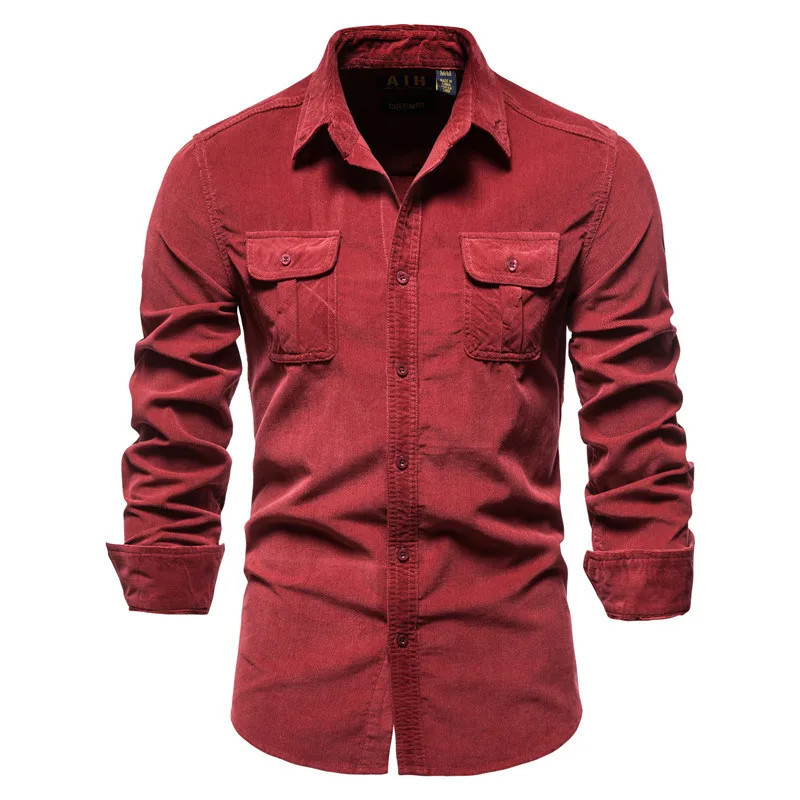 Chemise à Simple Boutonnage pour Homme, Tenue d'Affaires Décontractée 100 Coton de Couleur Unie, Vêtement Slim à Velours Côtelé