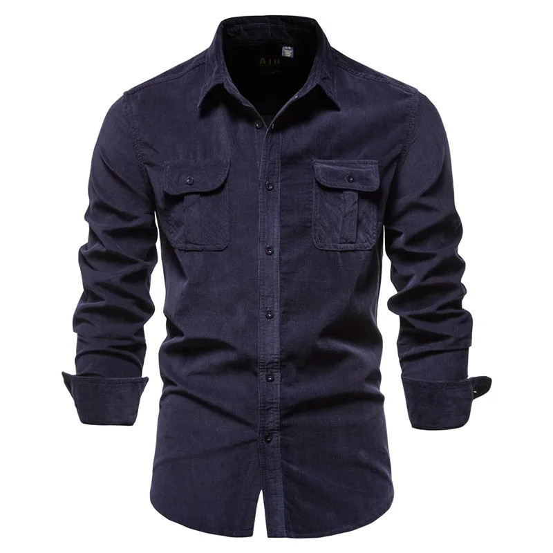 Chemise à Simple Boutonnage pour Homme, Tenue d'Affaires Décontractée 100 Coton de Couleur Unie, Vêtement Slim à Velours Côtelé