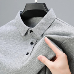 Polo gaufré à manches longues pour hommes avec lettre imprimée, haut décontracté à revers