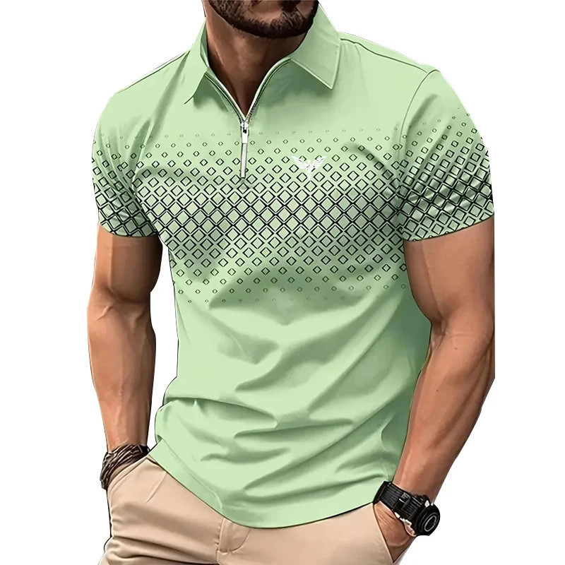 Polo décontracté à manches courtes pour hommes avec fermeture éclair à revers, haut de sport, polyester imprimé, séchage rapide,