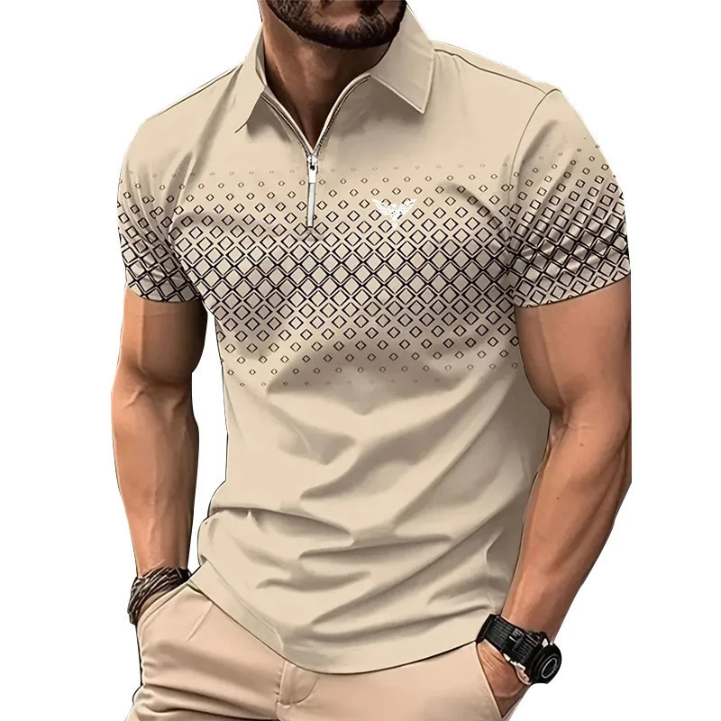 Polo décontracté à manches courtes pour hommes avec fermeture éclair à revers, haut de sport, polyester imprimé, séchage rapide,