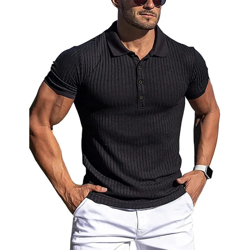 Polo à manches courtes pour hommes, chemises à col montant, rayures solides, fitness, élasticité, mode estivale, nouveau